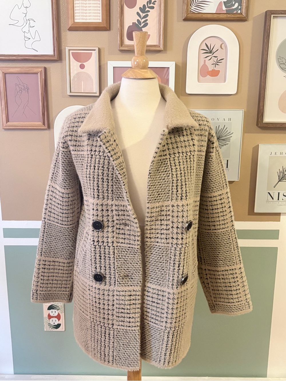 BIRCH NY Woven Plaid Double-Breasted Wool-Blend Houndstooth Coatigan